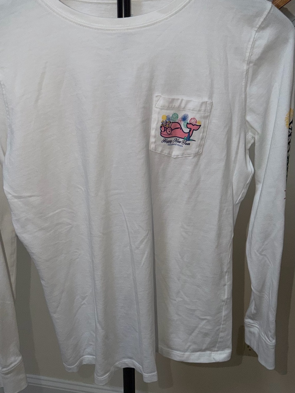 Vineyard Vines White Long-Sleeve Pocket Tee with Pink & Aqua Mermaid